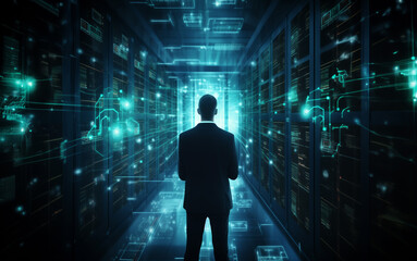 Futuristic Concept: Data Center Chief Technology Man Holding Laptop, Standing In Warehouse, Information Digitalization Lines Streaming Through Servers. SAAS, Cloud Computing, Online Service