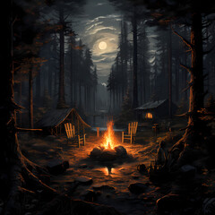 A cozy campfire in the middle of a forest clearing