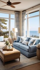 A wide-angle view of Coastal Serenity Suite's living area, featuring comfortable furnishings and large windows that showcase the expansive coastal landscape.