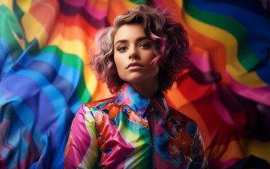 Young bold modern confident girl posing against LGBTQIA Pride flag background, freedom concept