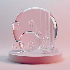 Beautiful 3D background with round stand and bubbles. Mockup, template to present your product