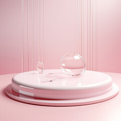 Beautiful 3D background with round stand and bubbles. Mockup, template to present your product