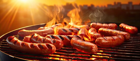 Sizzling sausages and hot dogs on a gas grill. - obrazy, fototapety, plakaty