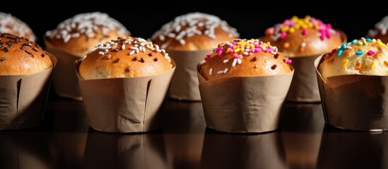 Baking mini Easter bread kulich in paper liners with rising dough. - obrazy, fototapety, plakaty