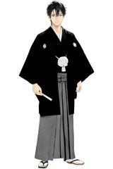 紋付き羽織と袴を着用した着物男子