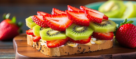 Sweet homemade breakfast with Japanese-style fruit sandwich featuring strawberries, pineapple, and...