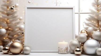 3D Mockup poster empty Blank Frame, hanging on an elegant abstract background adorned with silver and gold Christmas decorations, above a luxurious modern display room