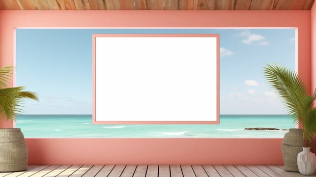 3D Mockup poster empty Blank Frame, hanging on a coral-colored wall, above a summer beach house-themed display room