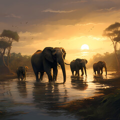 Fototapeta na wymiar A group of elephants crossing a serene river.