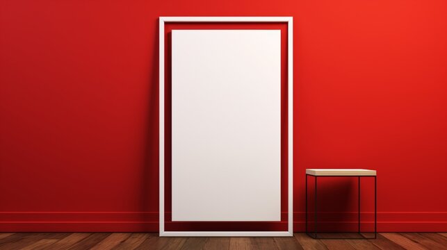 in a modern display room adorned with podiums, a Wooden Picture Frame Portrait White holds an empty Blank Frame, against a backdrop of vibrant red, black, and silver hues. 8k.