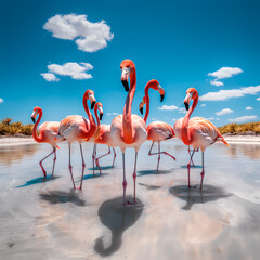 A group of flamingos wading in a lagoon