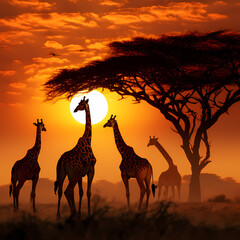 A group of giraffes silhouetted against a sunset