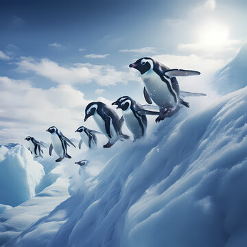 A group of penguins sliding down an icy slope
