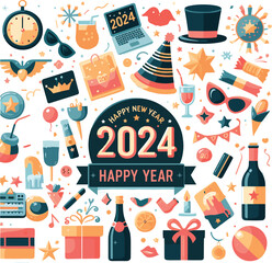 Set of happy new year party 2024  cheerful flat vector stickers, illustrations, 