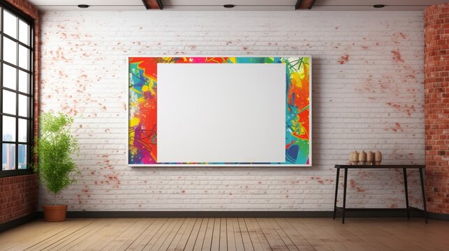 3D Mockup poster empty Blank Frame, hanging on an urban street art wall, above an eclectic graffiti-style display room