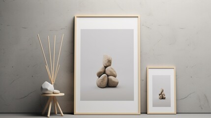 3D Mockup poster empty Blank Frame, hanging on a surreal abstract wall featuring stones, dry fruits, a vase, and a chair, above an avant-garde modern display room