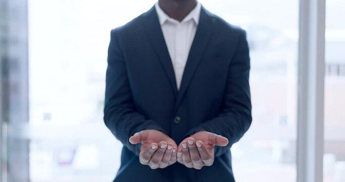 Businessman, hands and donation in care, offer or sharing opportunity by window at office. Closeup of black man or employee asking for help, borrow or financial aid and salary increase at workplace