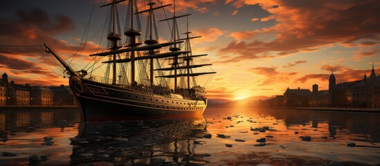 Obraz premium View of the expedition ship harbor with a sunset background