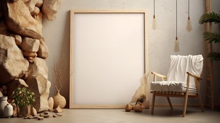 3D Mockup poster empty Blank Frame, hanging on a bohemian abstract wall featuring stones, dry fruits, a vase, and a chair, above an eclectic modern display room - obrazy, fototapety, plakaty