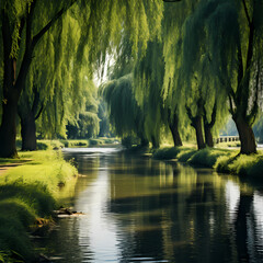 A peaceful riverside with a row of willow trees