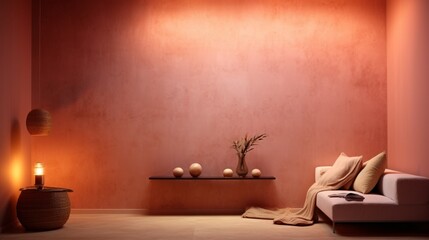 Subtle peach-toned wall, elegantly textured, in the glow of ambient lighting.