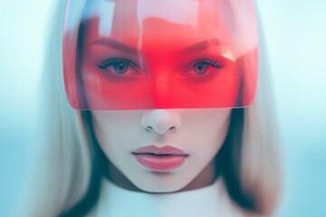 Futuristic portrait of a woman with a red visor, blending high fashion with sci-fi elements for a cutting-edge look.

