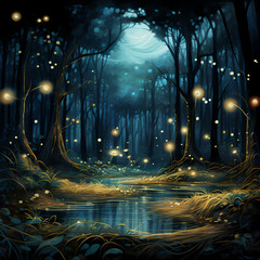 A moonlit forest with fireflies dancing in the air