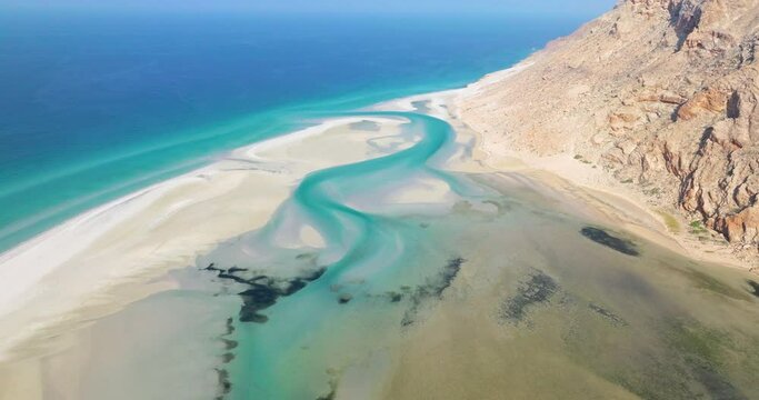 A View Of Saline Lagoon Of Detwah On Northwest Coast Near Qalansiyah In Socotra, Yemen. Aerial Drone Shot