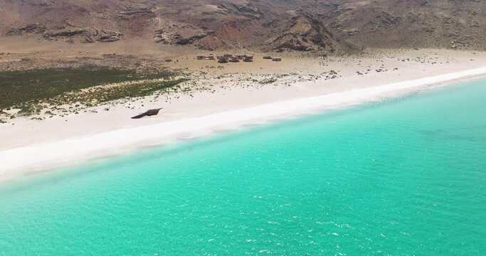 Unspoiled With White Sand Shore At Shoab Beach Near Qalansiyah In Socotra Island, Yemen. Aerial Tilt-up Shot
