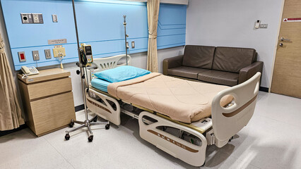 Hospital bed. Patient Bed. Empty hospital bed in hospital recovering room. Patient room....