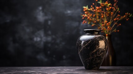 A black ceramic vase is set on a marble table with a backdrop of black marble, Generative AI. - obrazy, fototapety, plakaty