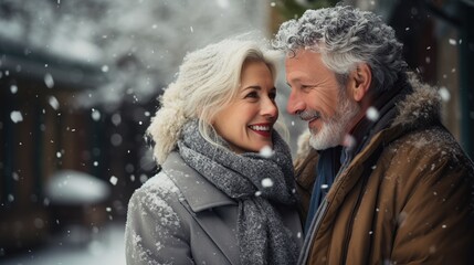 Happy mature couple in winter during snow wearing winter clothes, Generative AI