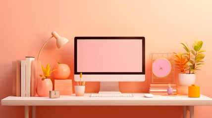 A workspace mock-up with light pastel peach wall