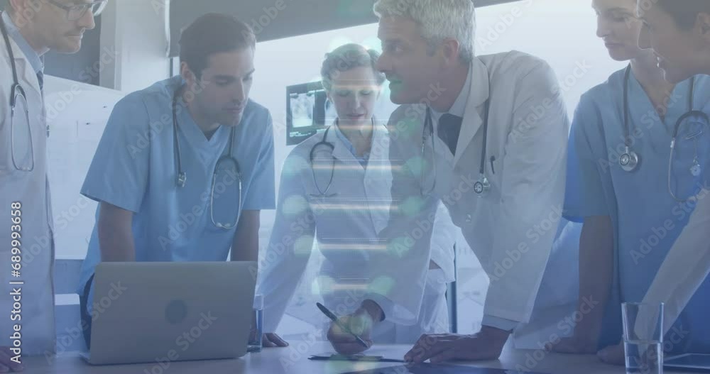 Poster animation of dna strand and data processing over diverse doctors