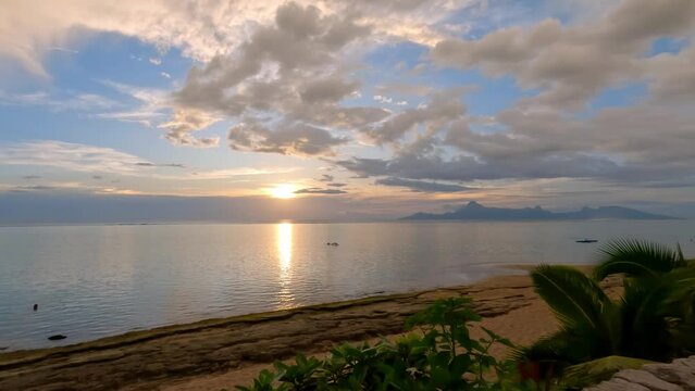 Beach View of Tahiti, French Polynesia at Sunset with Morea in the Baclground ~ Taken at PK 18 Plage de Vaiava Beach in Paea