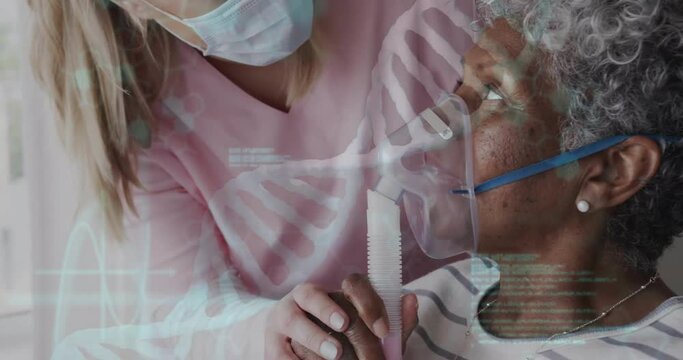 Animation of data processing over african american senior female patient with oxygen mask