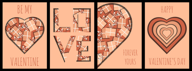 Happy Valentine's Day set Peach fuzz greeting cards, posters, holiday backgrounds cover. Valentine templates with typography in modern cut out geometric style for web site, social media, print