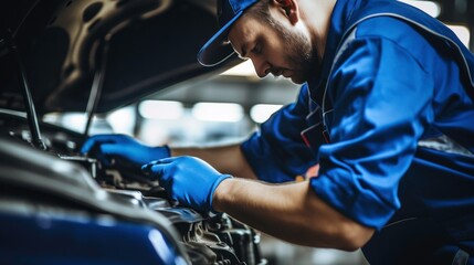 Male mechanic is repairing a car in an auto repair shop.
