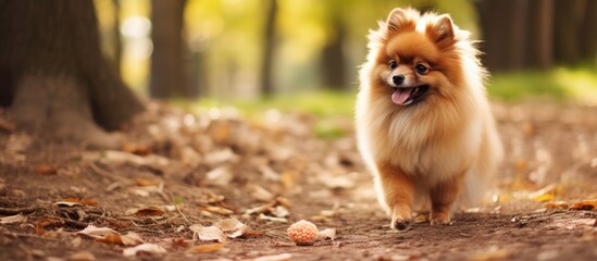 Training a child to teach a Pomeranian tricks by giving commands and using treats at a park for pet adoption and friendship.