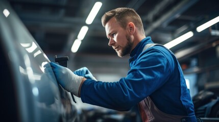 Male mechanic is repairing a car in an auto repair shop.