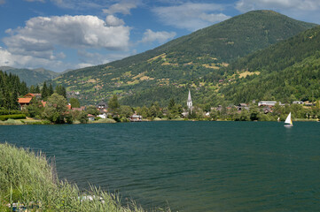 view to Village of Feld am See at Lake Feldsee,Carinthia,Austria