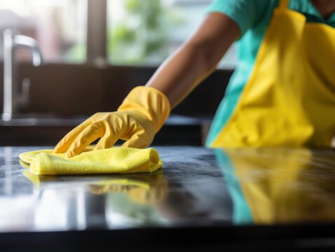 Cleaning Concept: Close up Hand with yellow Rubber Glove Using Microfiber Cloth for Disinfection and Good Hygiene