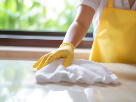 Cleaning Concept: Close up Hand with yellow Rubber Glove Using Microfiber Cloth for Disinfection and Good Hygiene