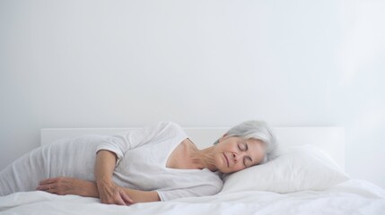 Orderly senior woman sleeping on bed in white bedroom in the morning.