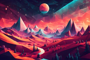 Obraz premium Magical low poly retro futurism landscape, AI generated image