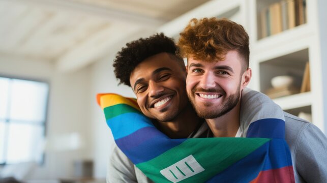 Happy lover couple LGBT gay holding rainbow flag with cheerful and joyful. 
