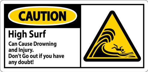 Beach Hazard Caution Sign, High Surf Can Cause Drowning And Injury. Don't Go Out If You Have Any Doubt