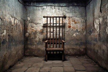 Single old prison cell for holding dangerous criminals. Prison cell in the basement. Interior of a solitary cell for prisoners.