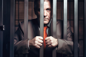A politician holds prison bars, an official is arrested for money laundering. A man in a suit in prison. Corruption in government and business. - obrazy, fototapety, plakaty
