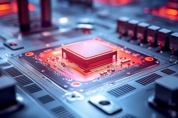 Motherboard with electronic components. Powerful processor. Development of computer technologies. Modern electronics production.